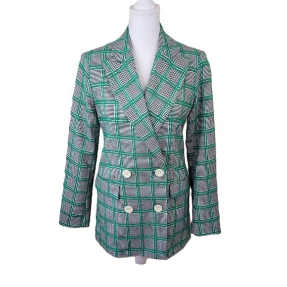 Topshop Green Black White Plaid Blazer Double Breasted Jacket Women's Size 2 - Picture 1 of 15